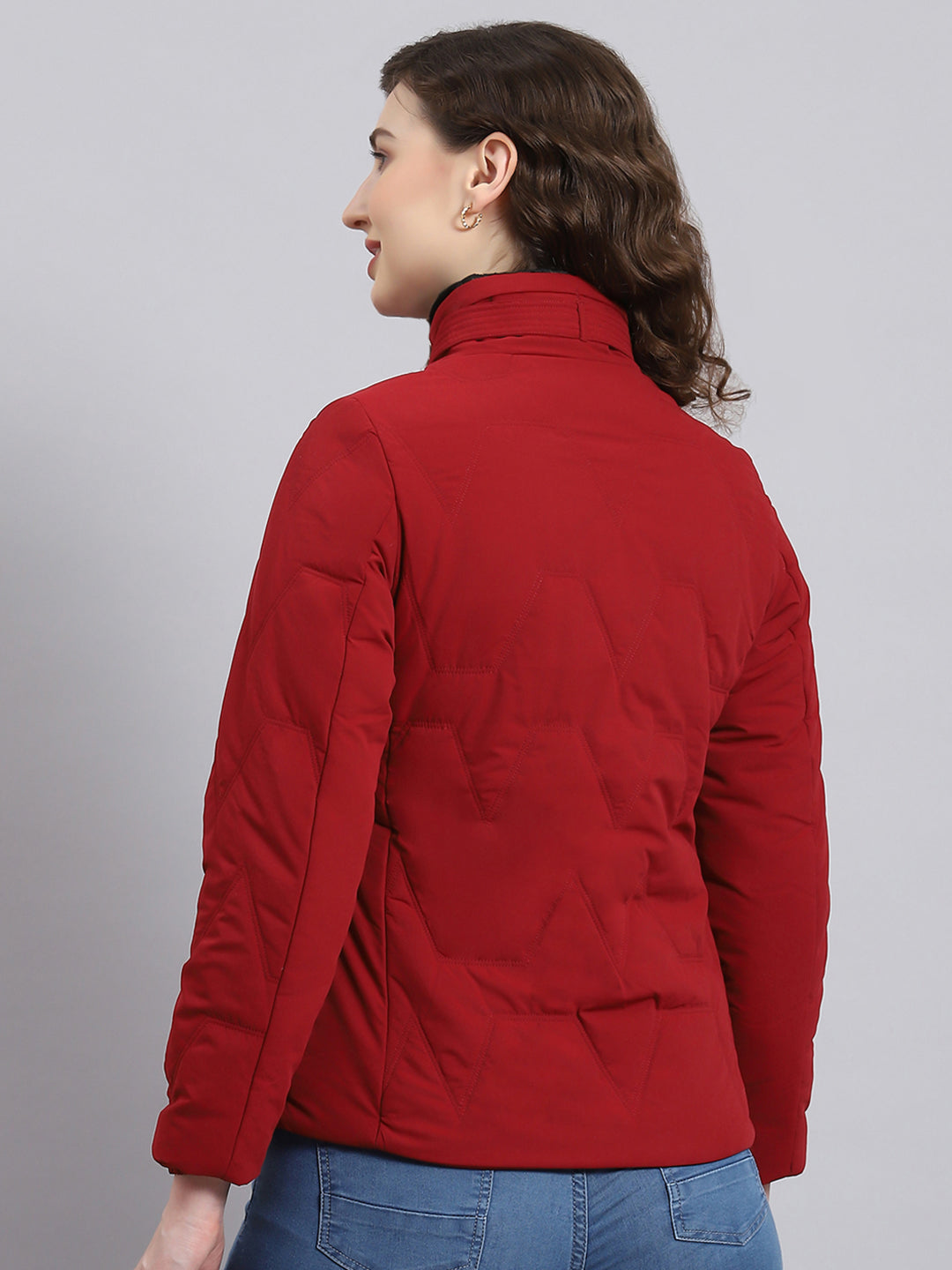 Women Maroon Solid Stand Collar Full Sleeve Jacket