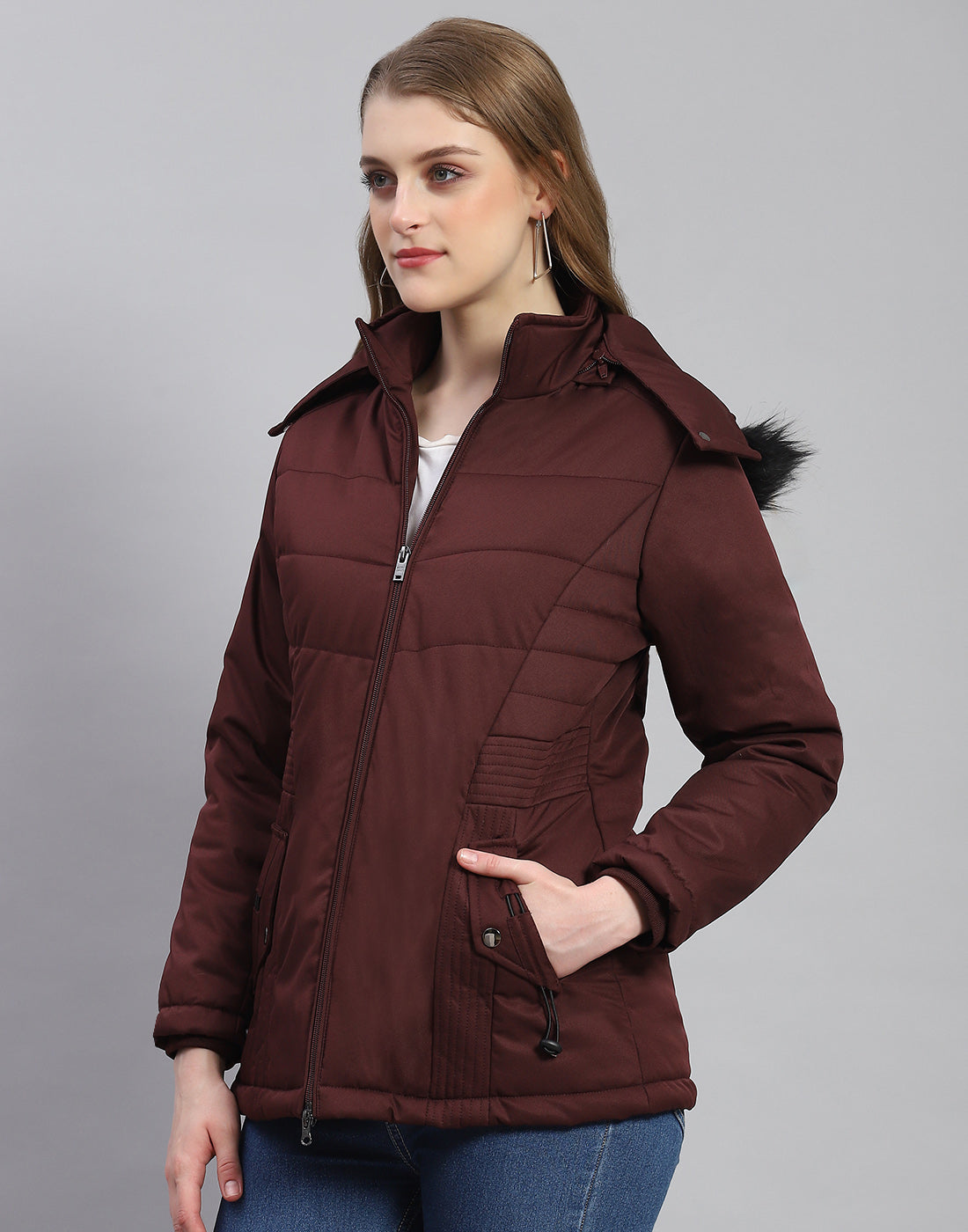 Women Maroon Solid Hooded Full Sleeve Jacket