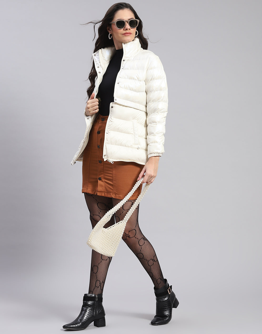 Women Off White Solid Stand Collar Full Sleeve Jacket