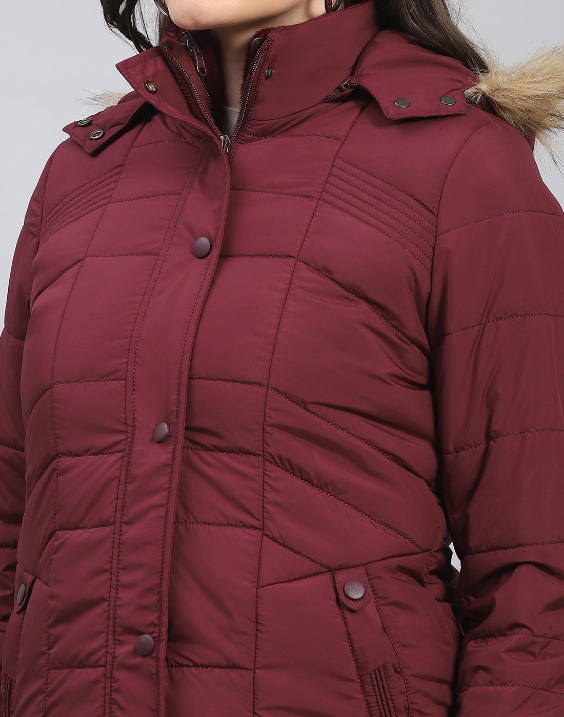Women Maroon Solid Stand Collar Full Sleeve Jacket