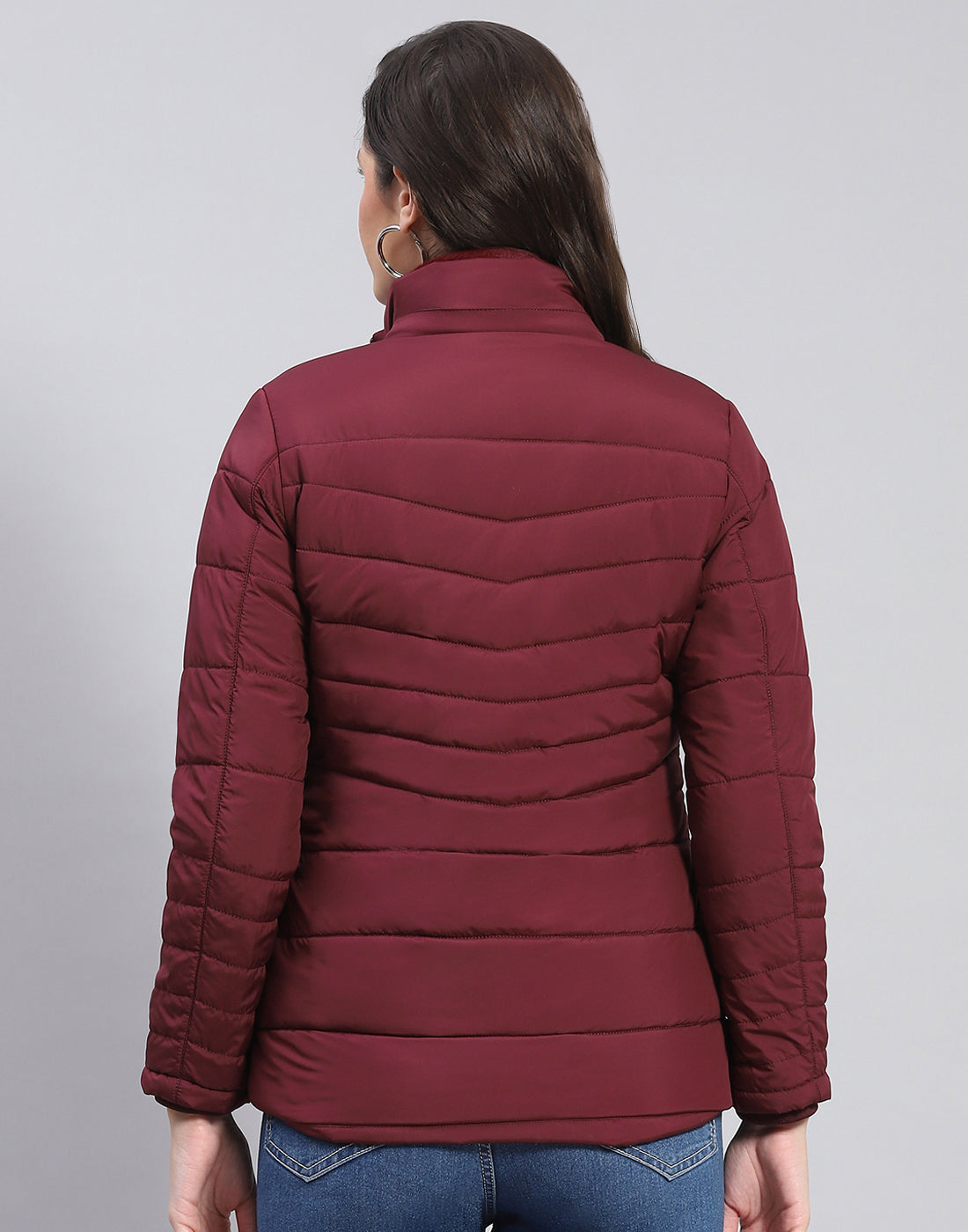 Women Maroon Solid Stand Collar Full Sleeve Jacket