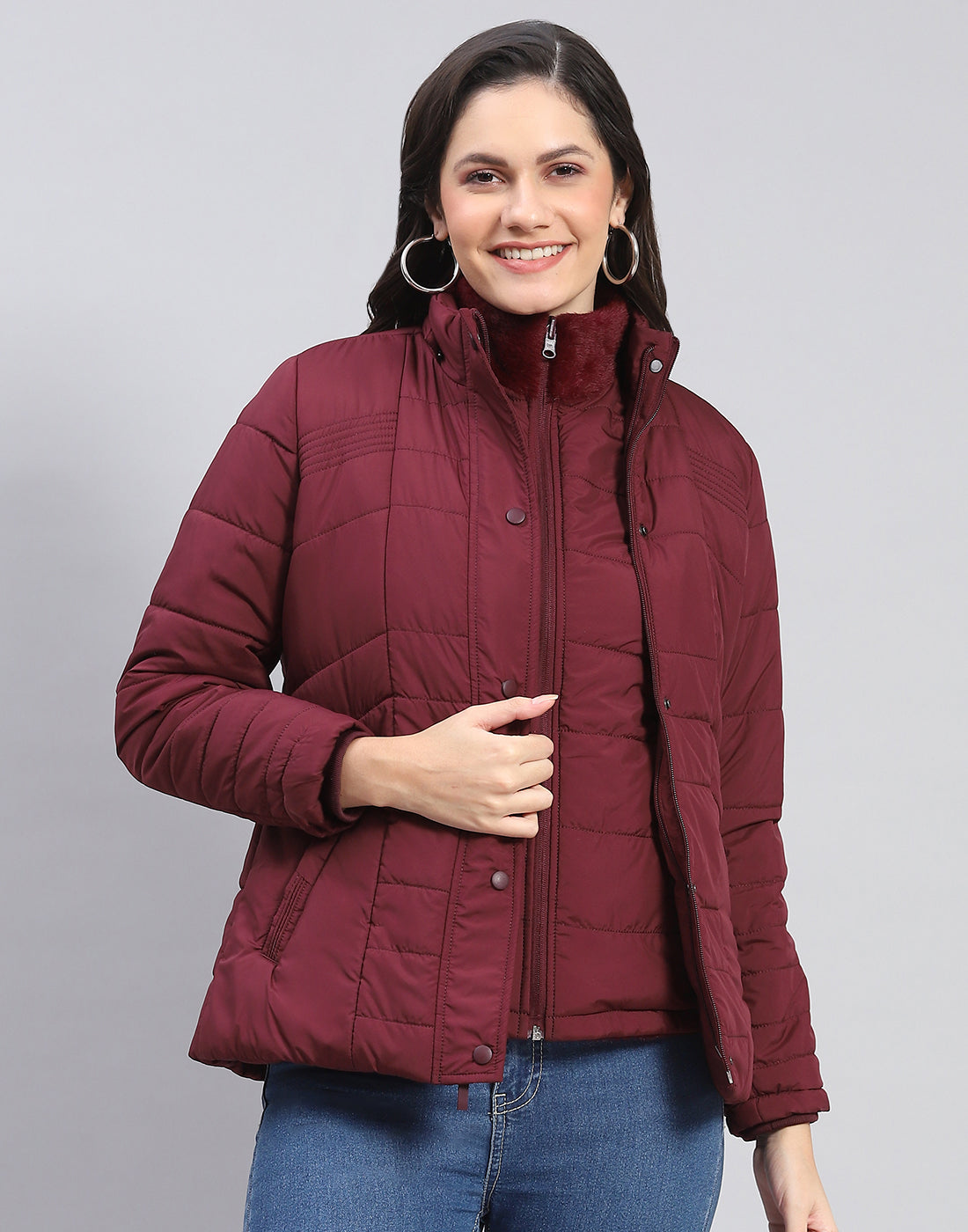 Women Maroon Solid Stand Collar Full Sleeve Jacket