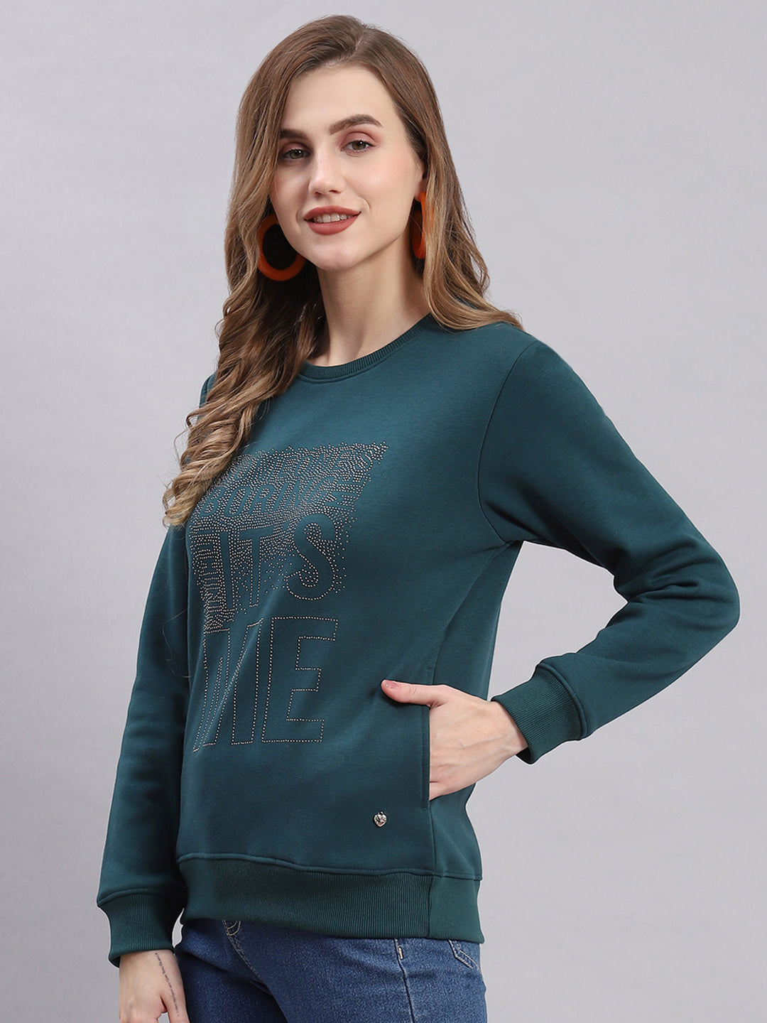 Women Teal Blue Printed Round Neck Full Sleeve Sweatshirts