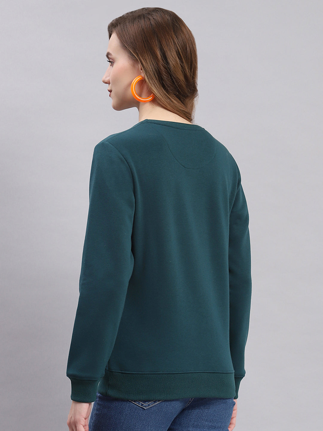 Women Teal Blue Printed Round Neck Full Sleeve Sweatshirts