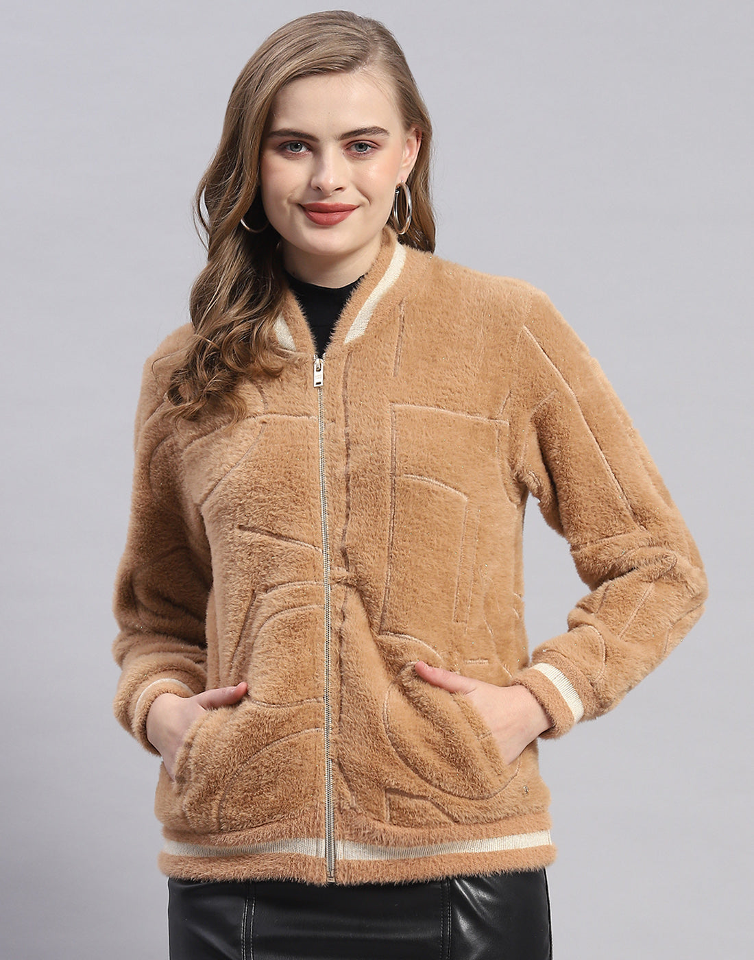 Women Camel Brown Solid Mandarin Collar Full Sleeve Sweatshirt