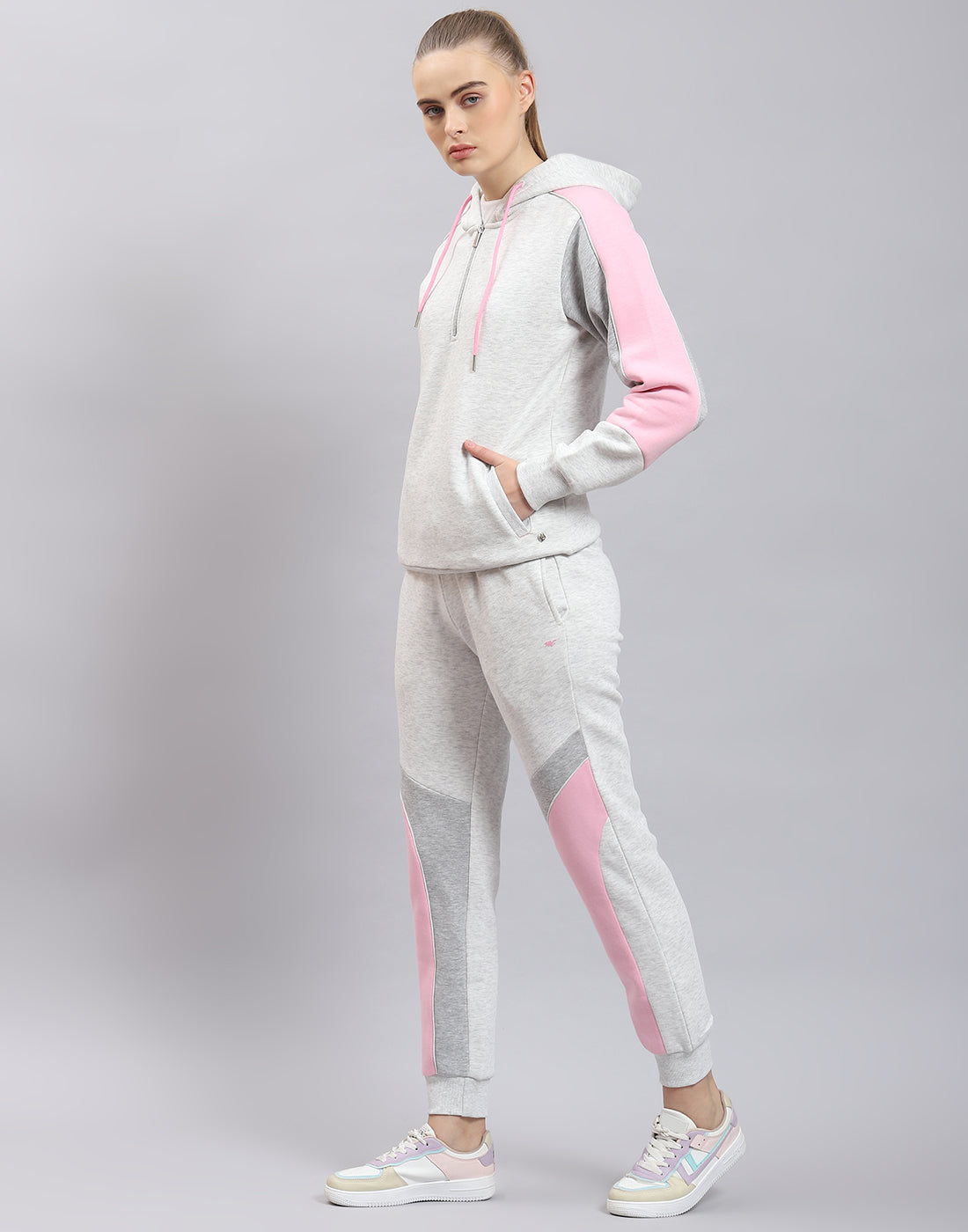 Women Grey Melange Solid Hooded Full Sleeve Tracksuit