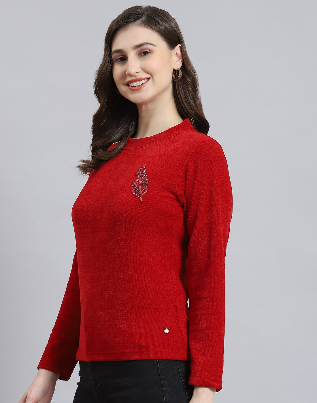 Women Red Embroidered Round Neck Full Sleeve Sweater