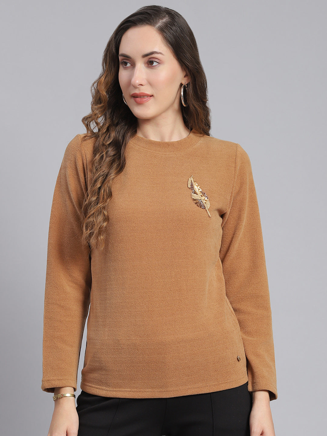 Women Brown Embroidered Round Neck Full Sleeve Sweater