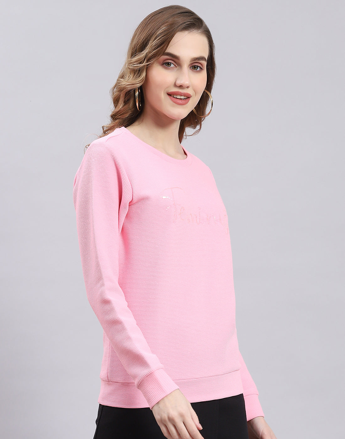 Women Pink Self Design Round Neck Full Sleeve Sweatshirt