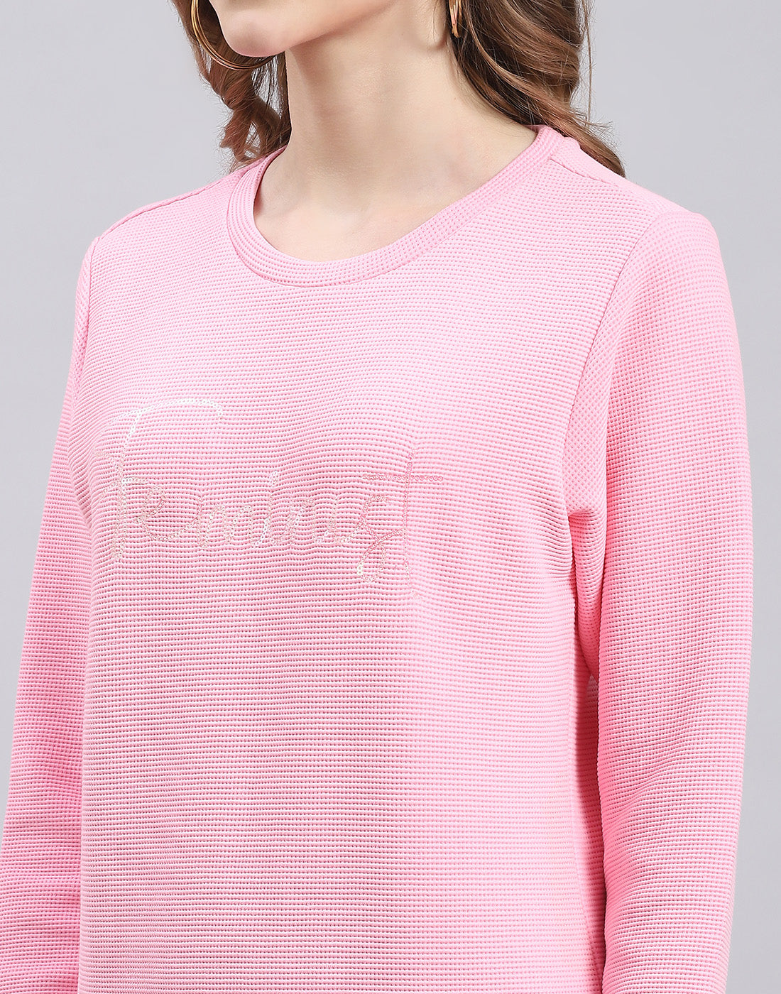 Women Pink Self Design Round Neck Full Sleeve Sweatshirt