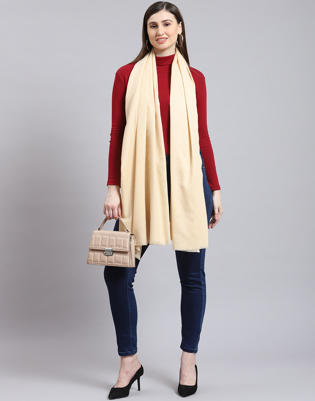 Women Cream Solid Shawl