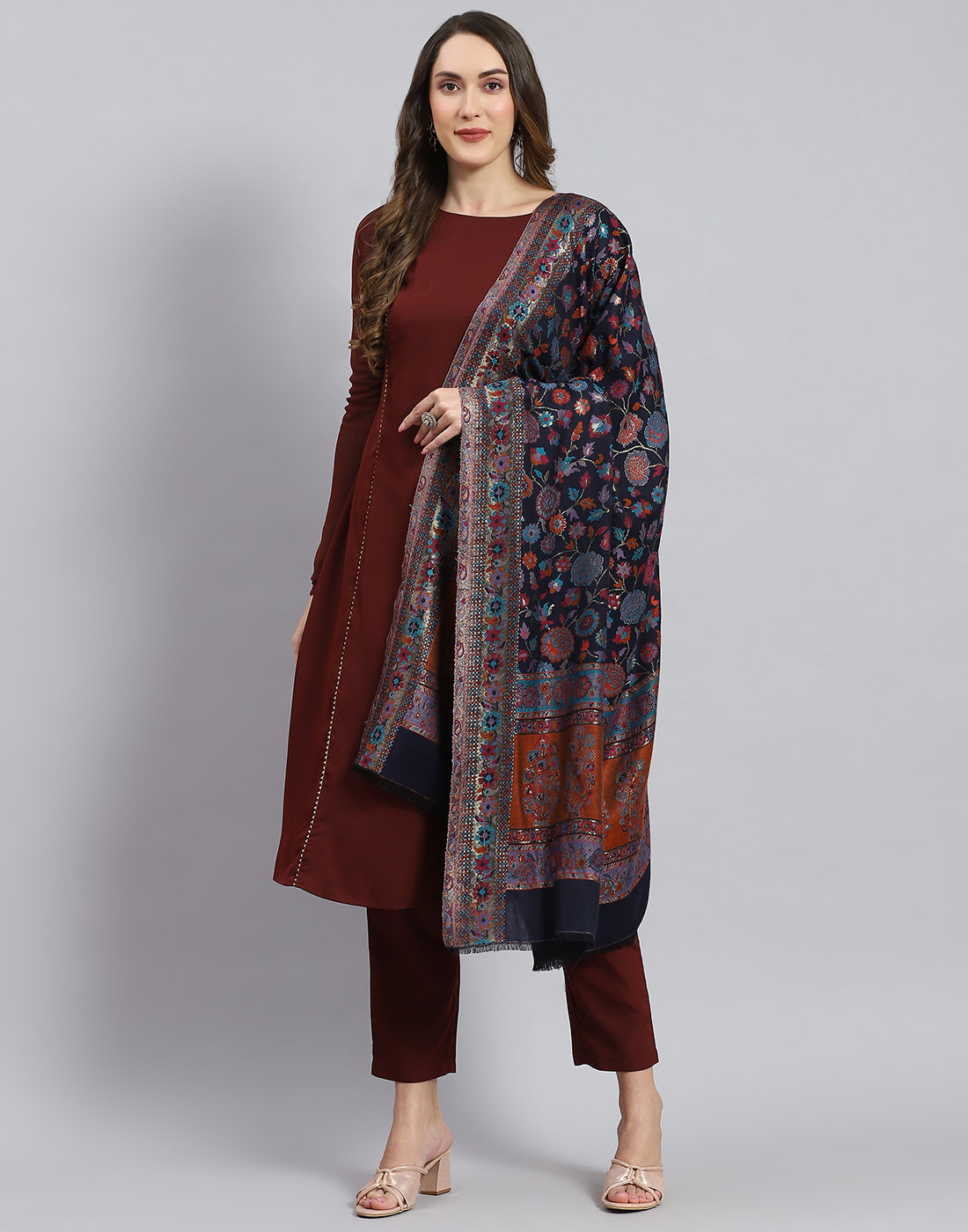 Women Navy Blue Self Design Shawl