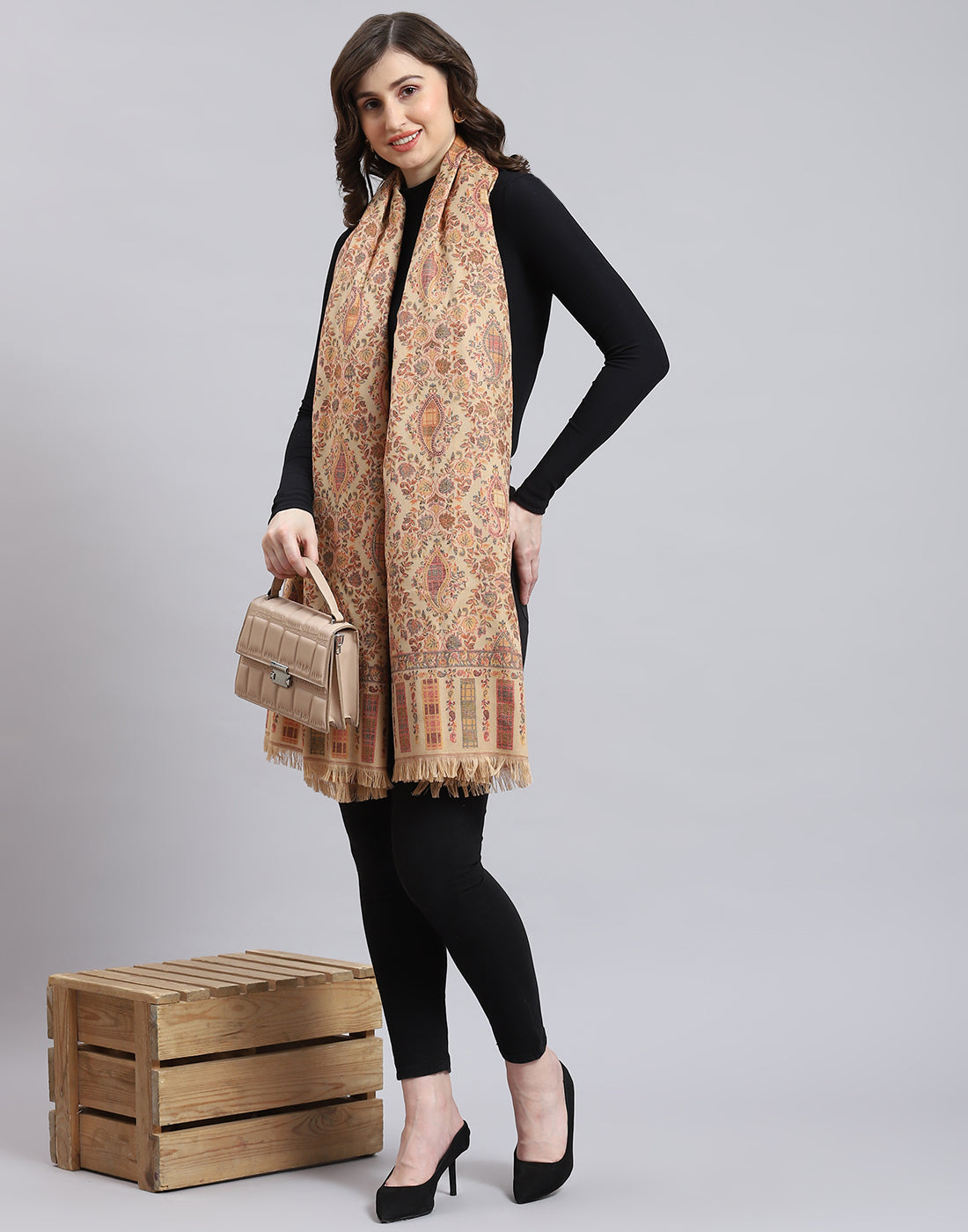 Women Beige Self Design Shawl