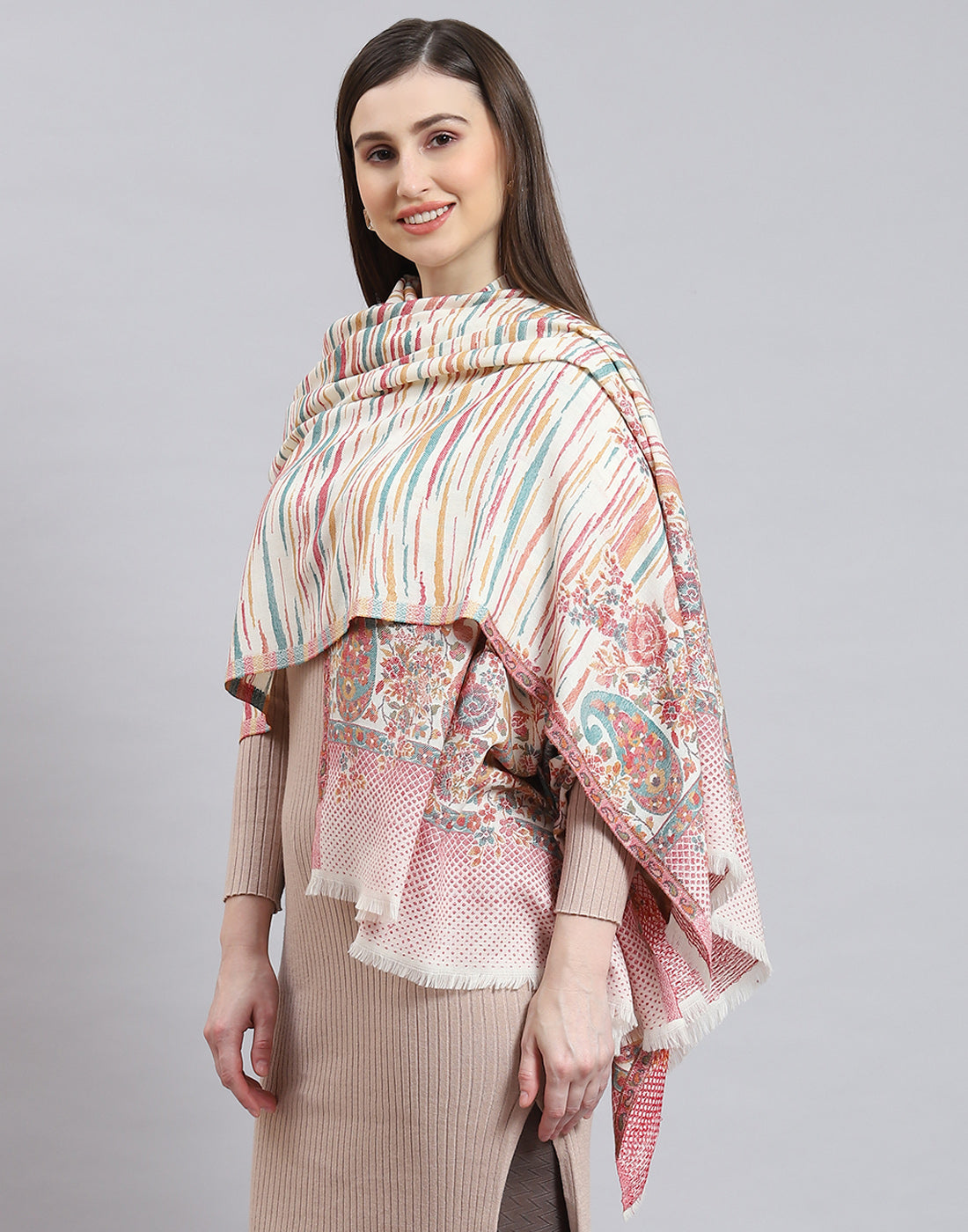 Women Off White Self Design Shawl