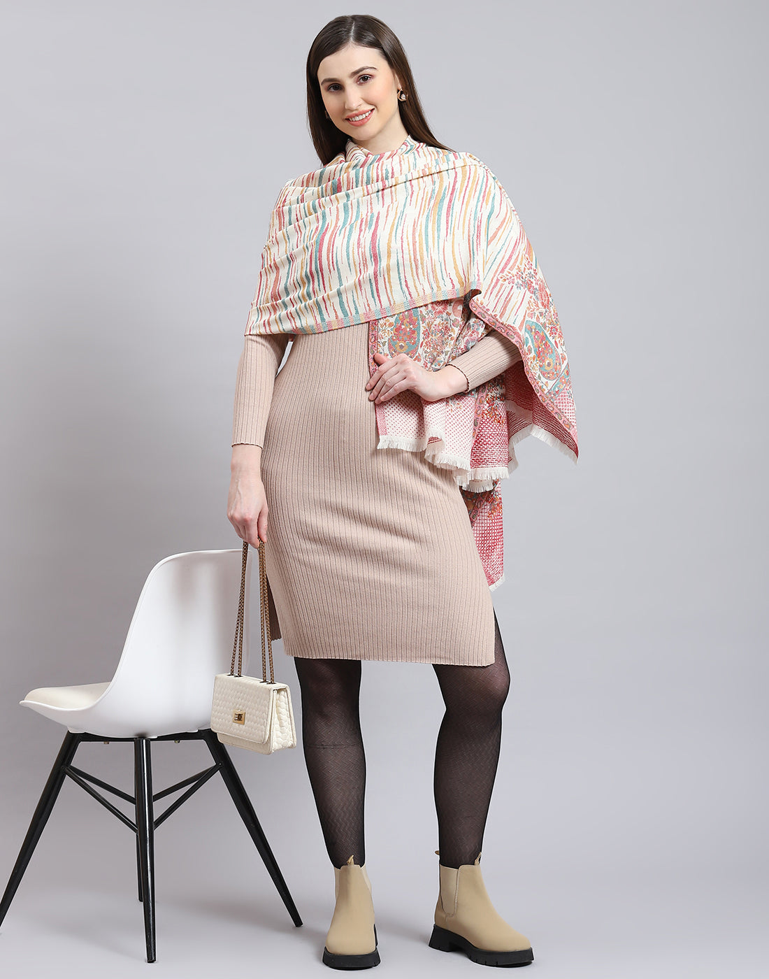 Women Off White Self Design Shawl