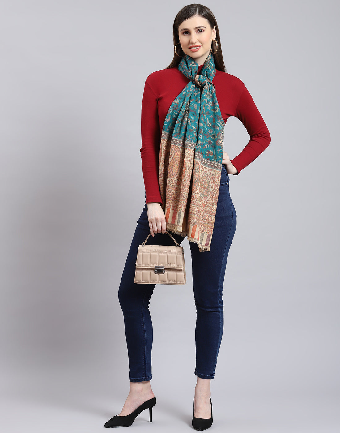 Women Turquoise Blue Self Design Stole