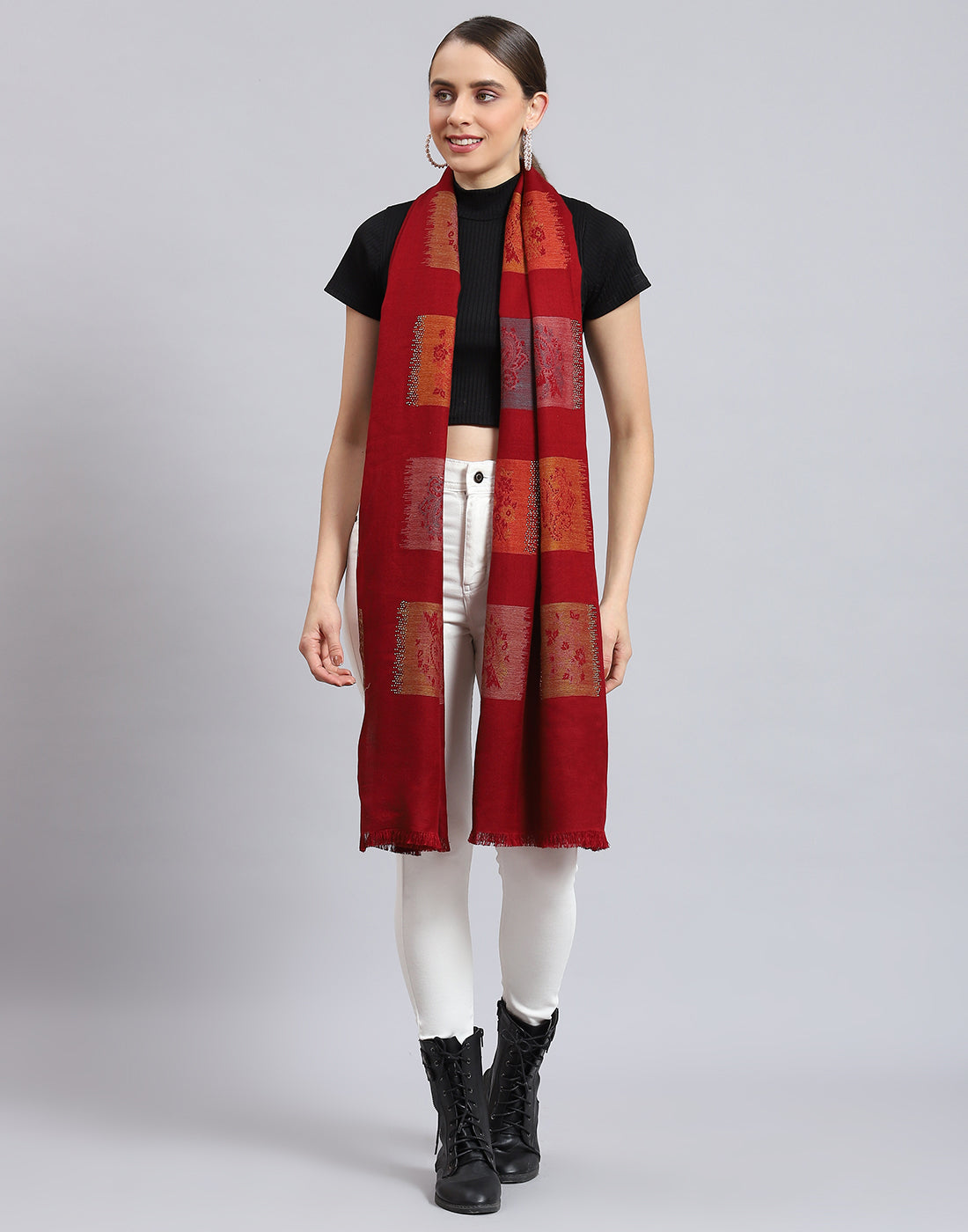 Women Red Self Design Stole