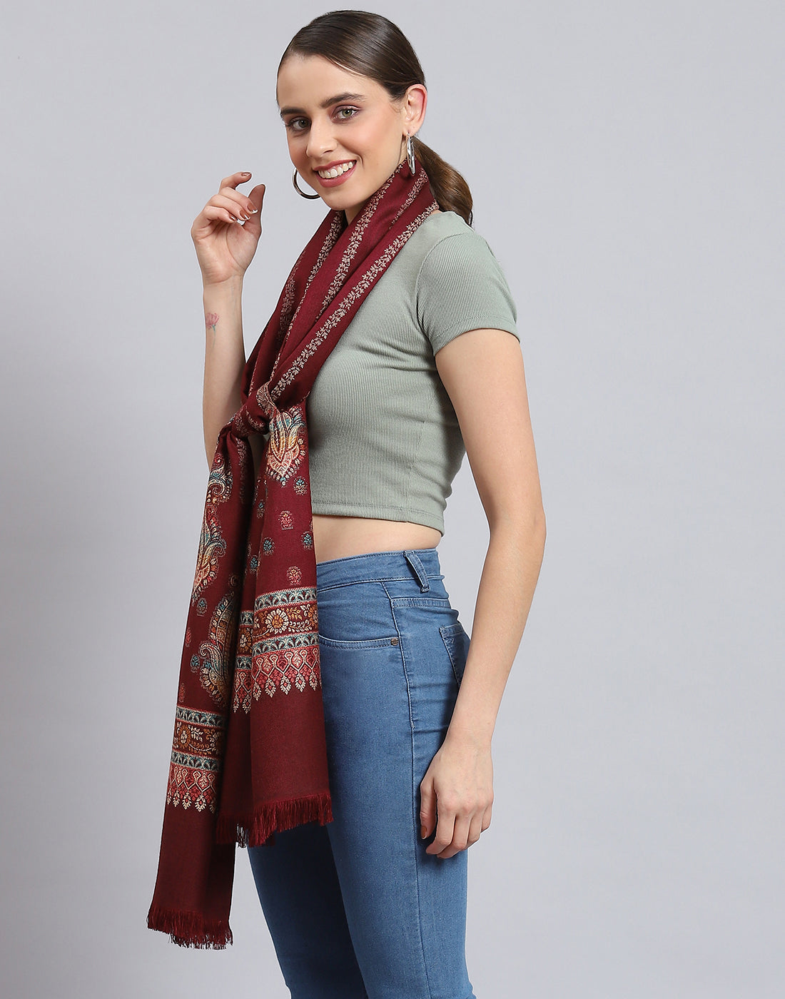 Women Maroon Self Design Stole