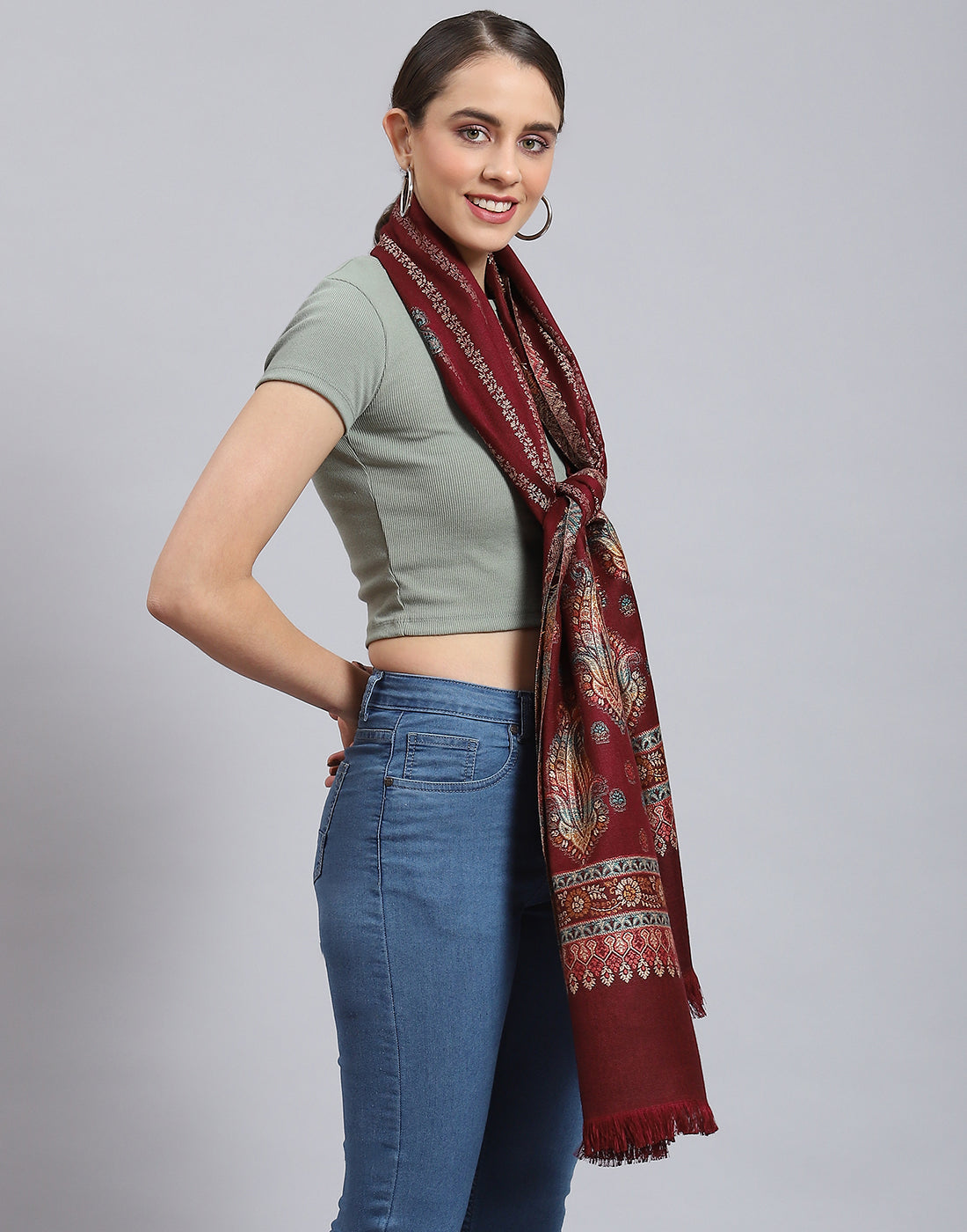 Women Maroon Self Design Stole