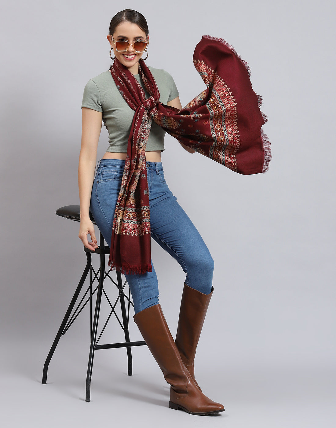 Women Maroon Self Design Stole