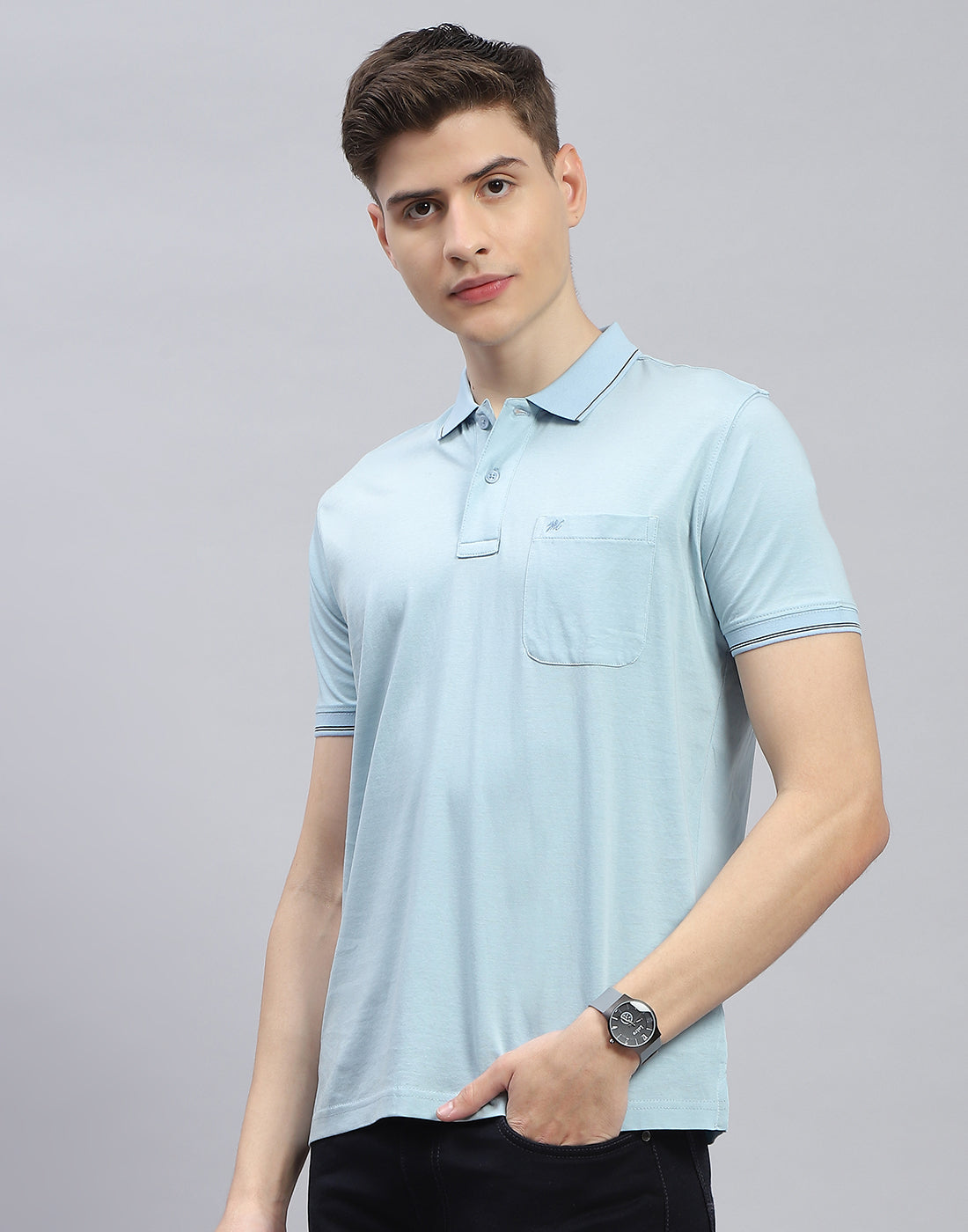 Men Blue Solid Polo Collar Half Sleeve T-Shirt