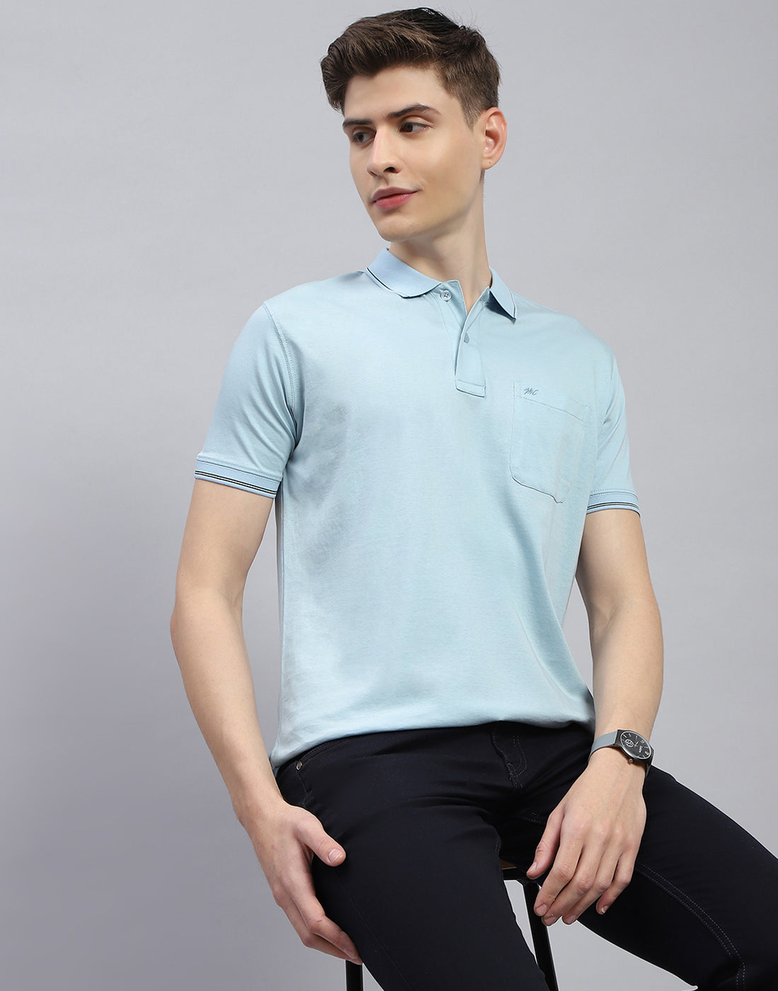 Men Blue Solid Polo Collar Half Sleeve T-Shirt