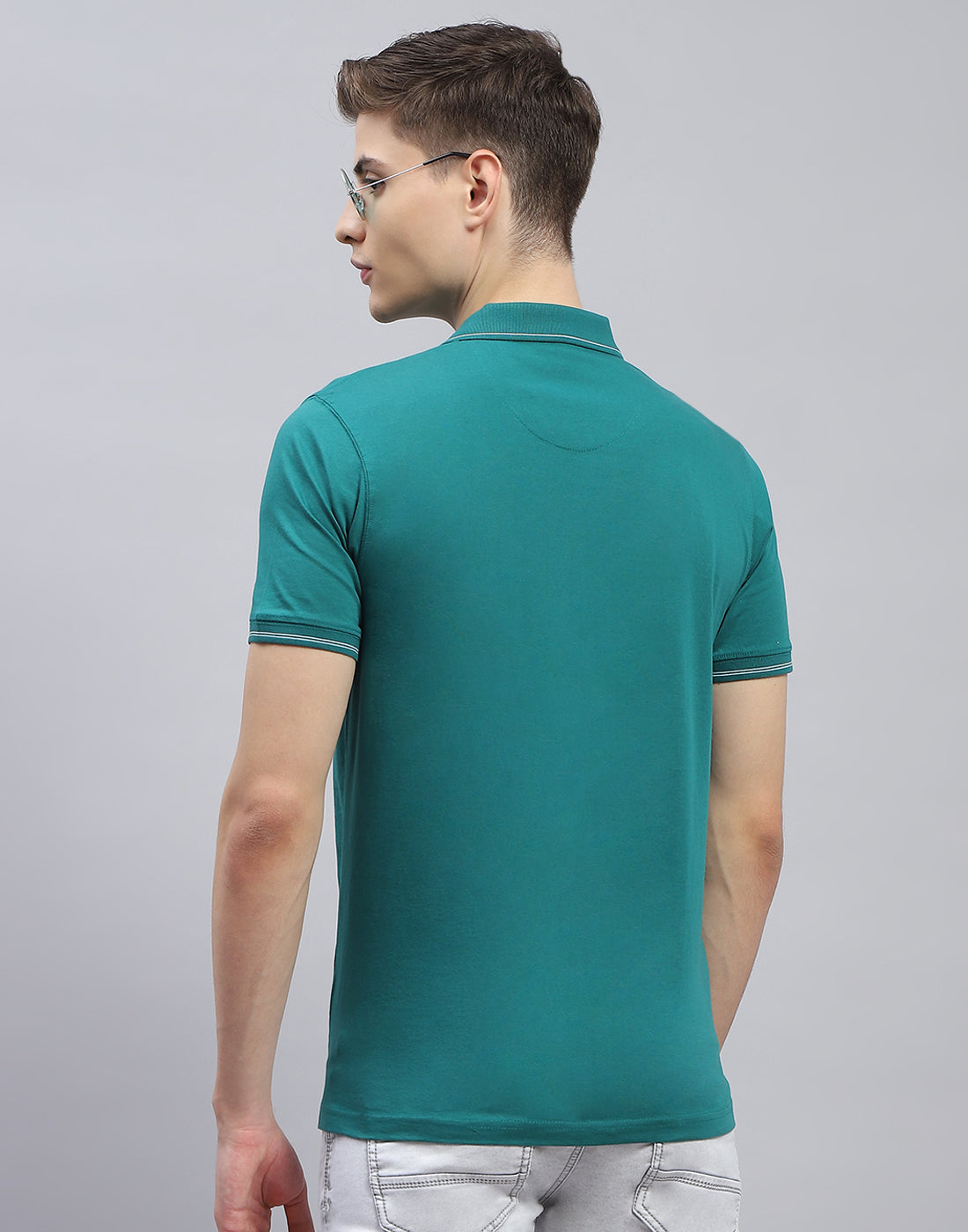 Men Teal Blue Solid Polo Collar Half Sleeve T-Shirt