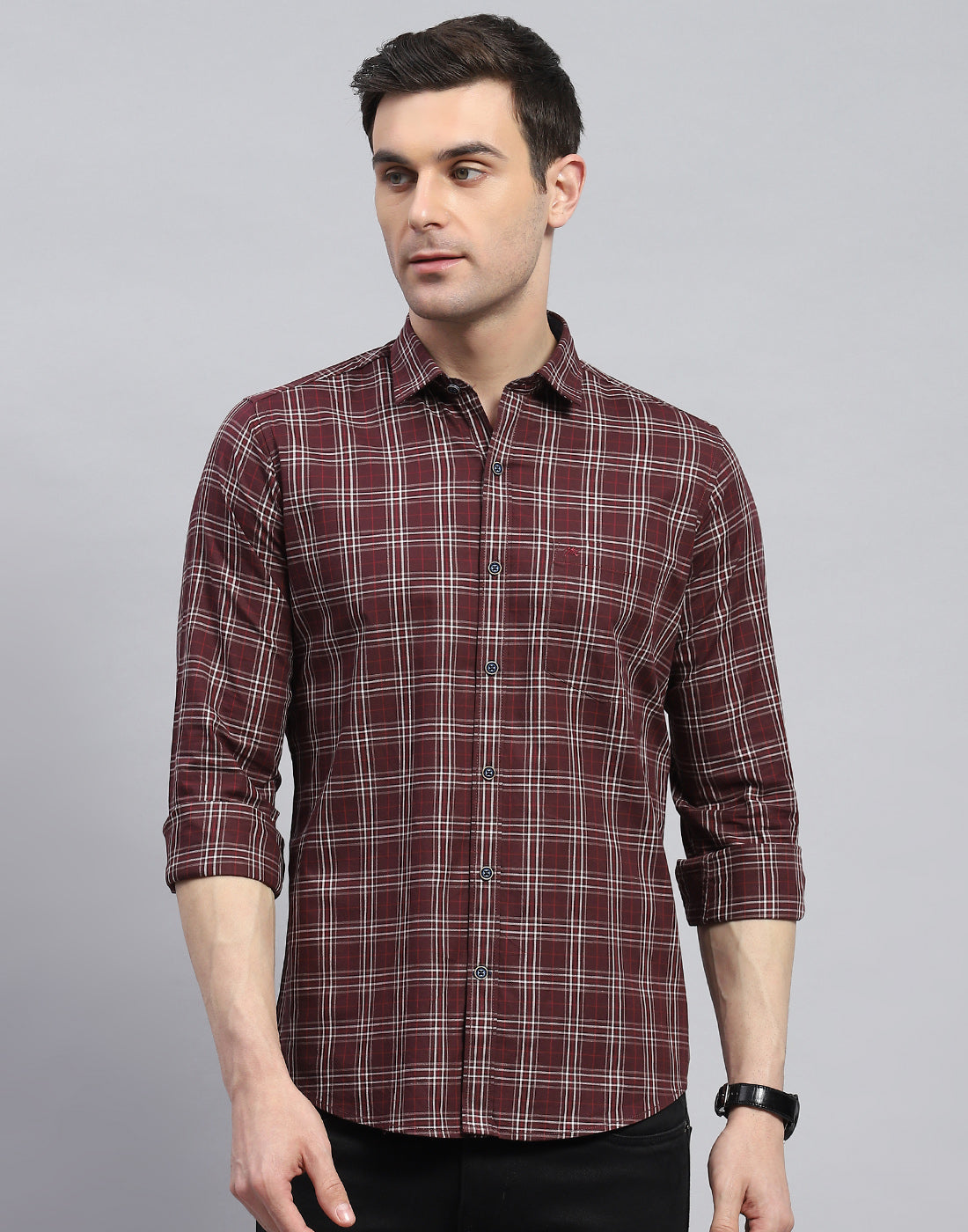 Men Maroon Check Spread Collar Full Sleeve Shirt