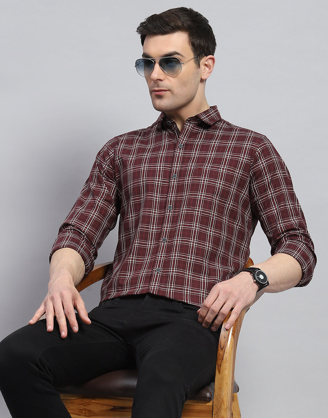 Men Maroon Check Spread Collar Full Sleeve Shirt
