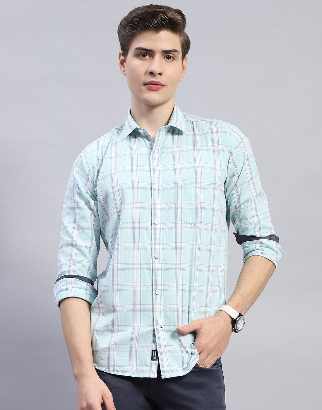 Men Blue Check Collar Full Sleeve Shirt