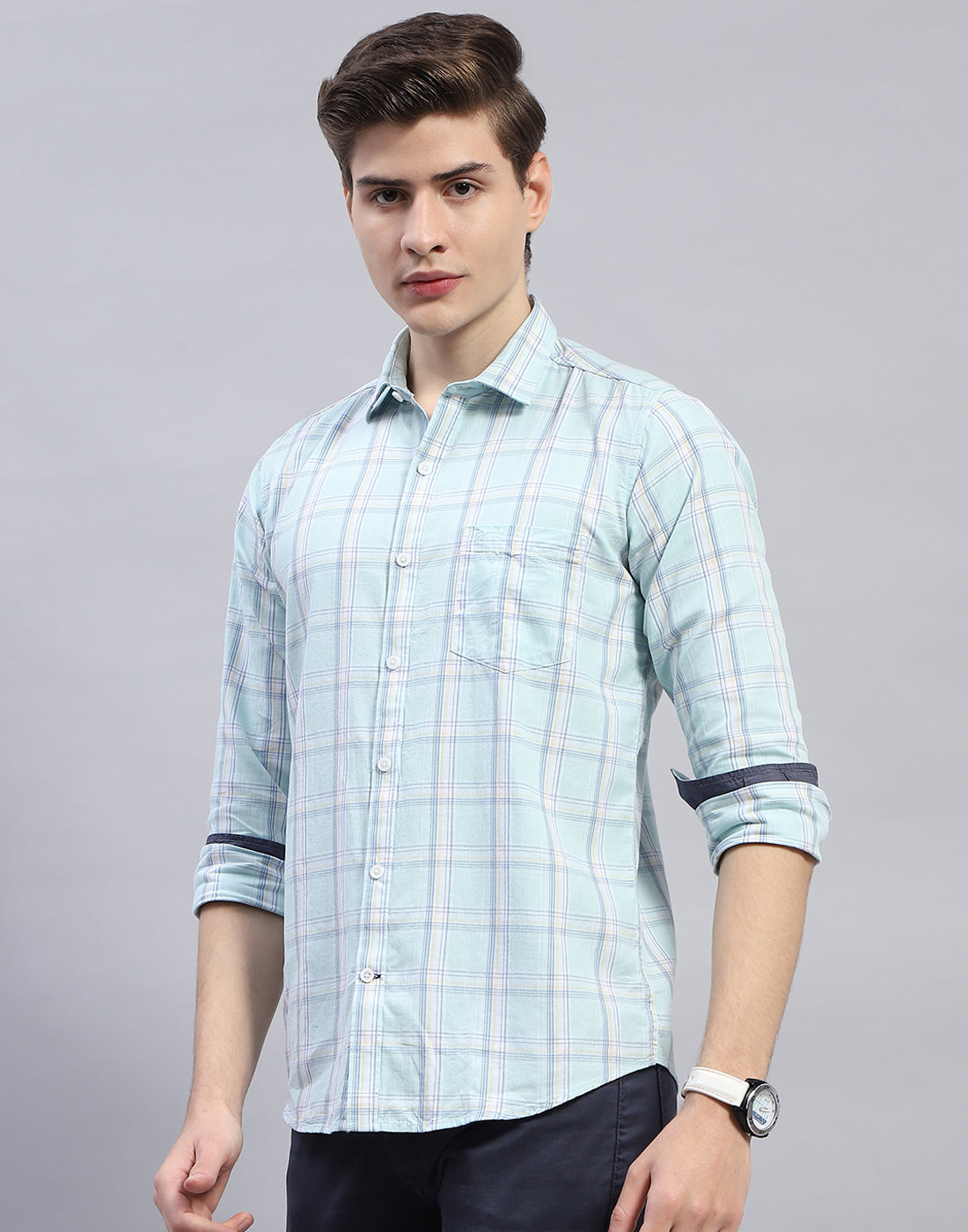 Men Blue Check Collar Full Sleeve Shirt