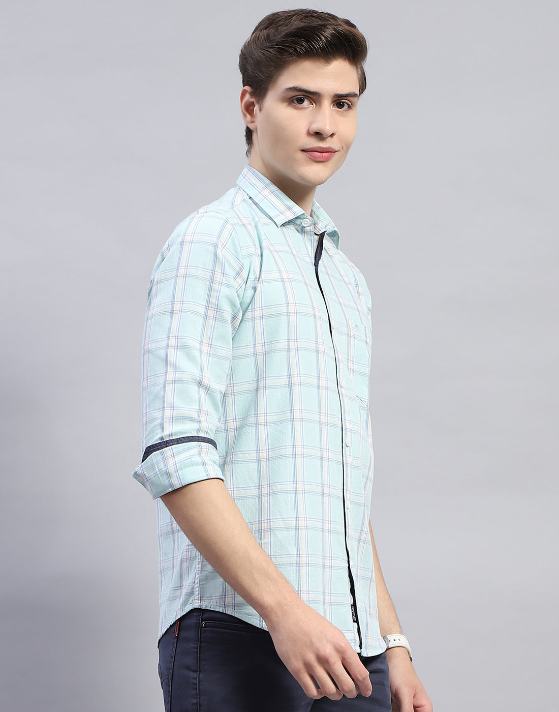 Men Blue Check Collar Full Sleeve Shirt