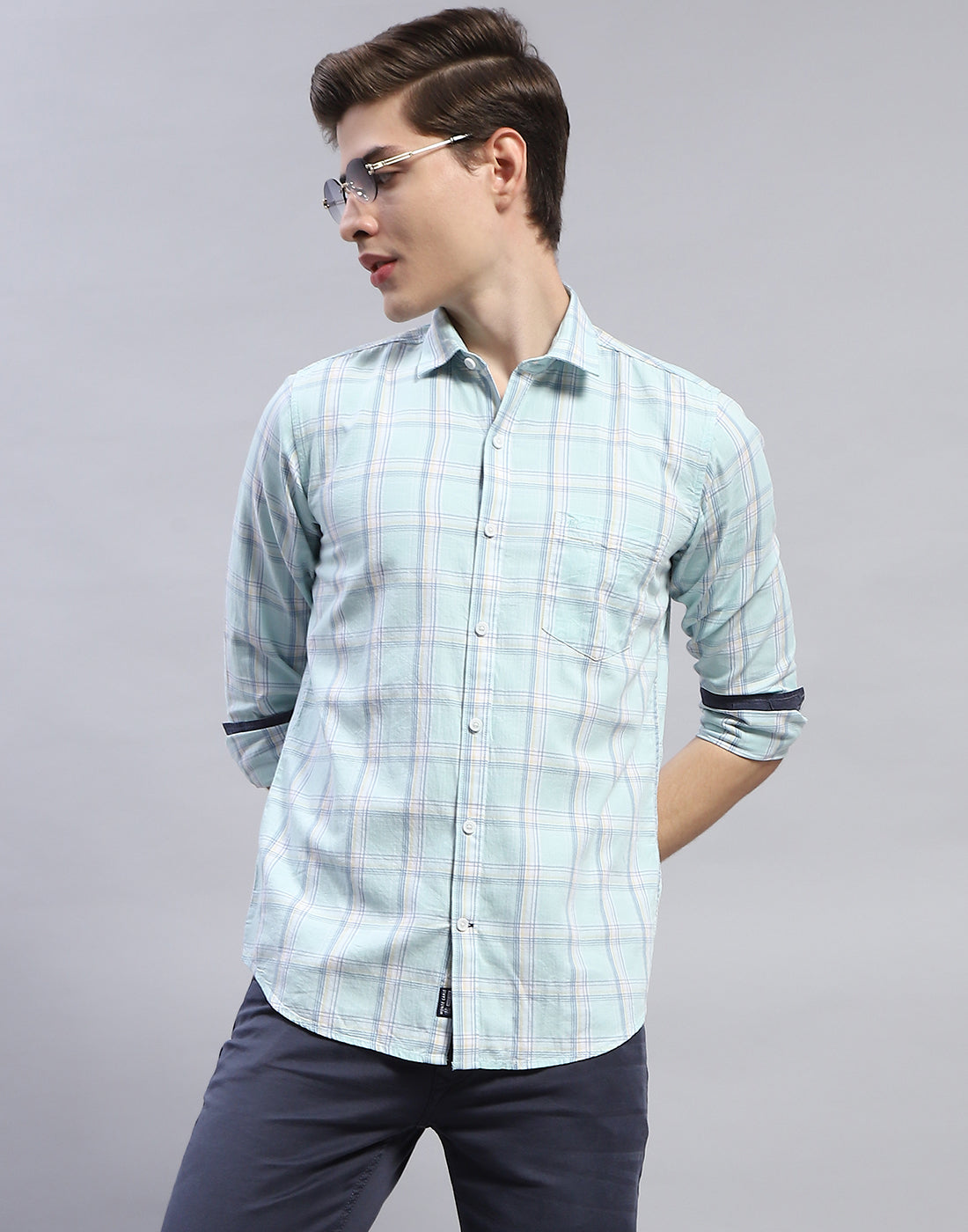 Men Blue Check Collar Full Sleeve Shirt