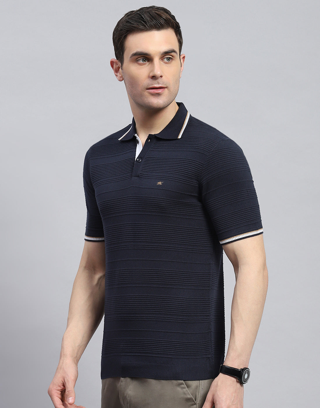Men Navy Blue Solid Polo Collar Half Sleeve T-Shirt