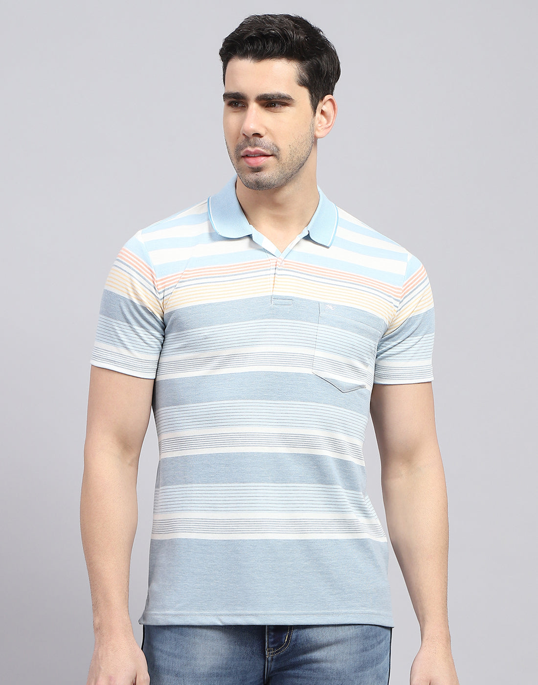 Men Blue Stripe Polo Collar Half Sleeve T-Shirt
