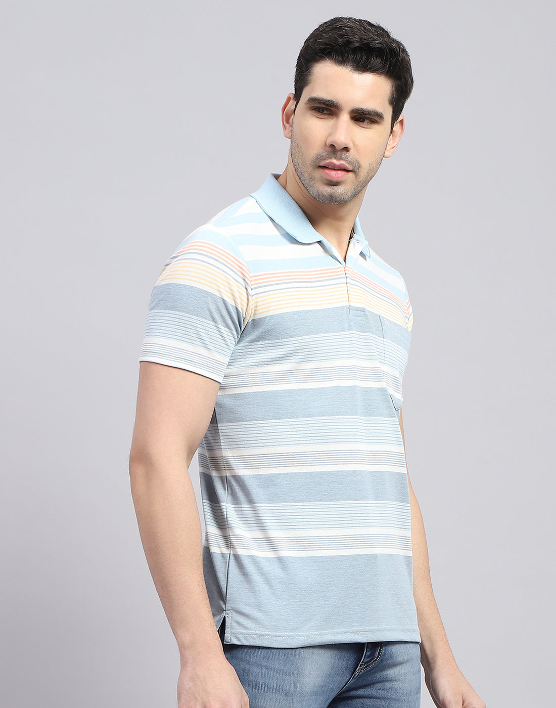 Men Blue Stripe Polo Collar Half Sleeve T-Shirt