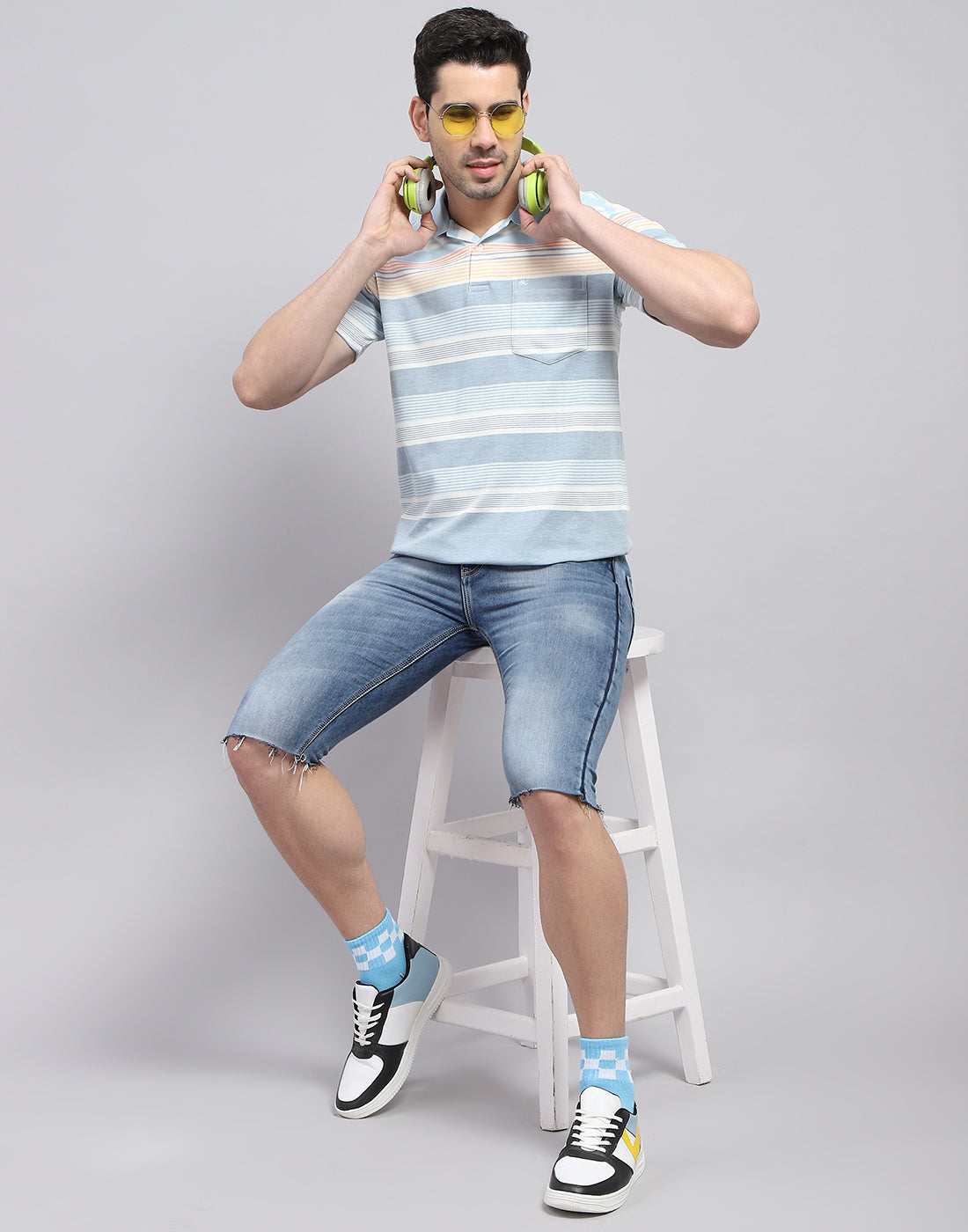 Men Blue Stripe Polo Collar Half Sleeve T-Shirt