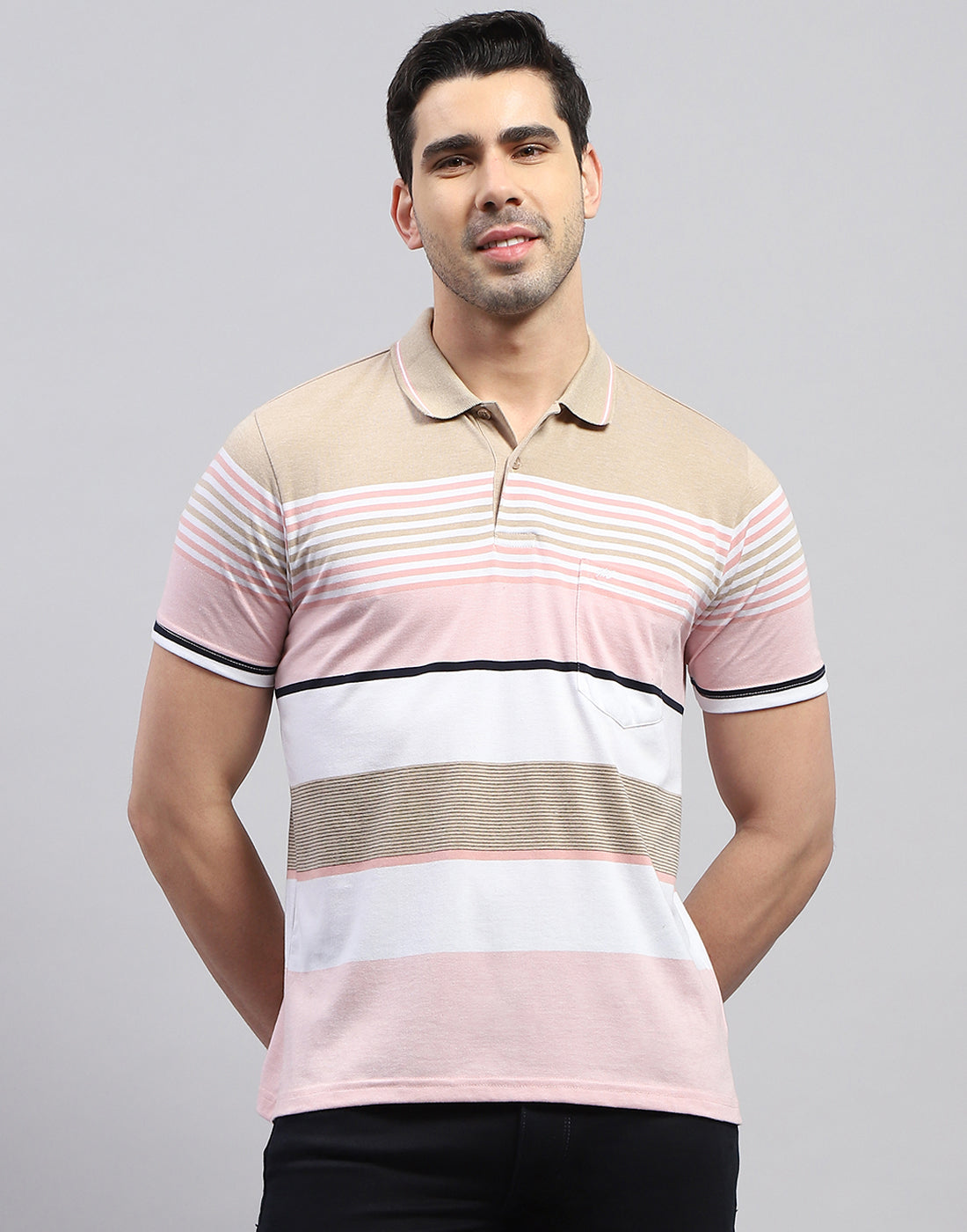 Men Pink Stripe Polo Collar Half Sleeve T-Shirt