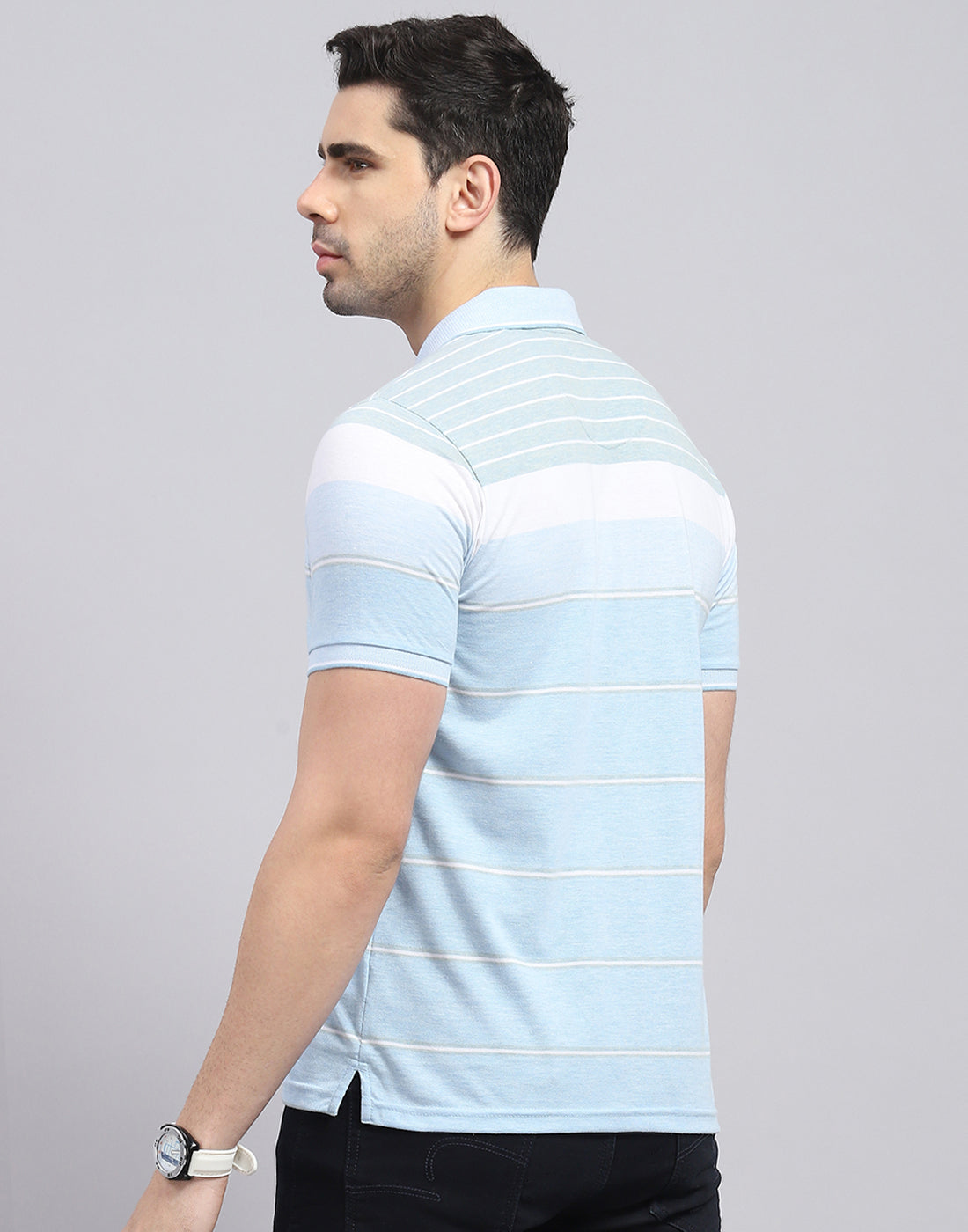 Men Blue Stripe Polo Collar Half Sleeve T-Shirt