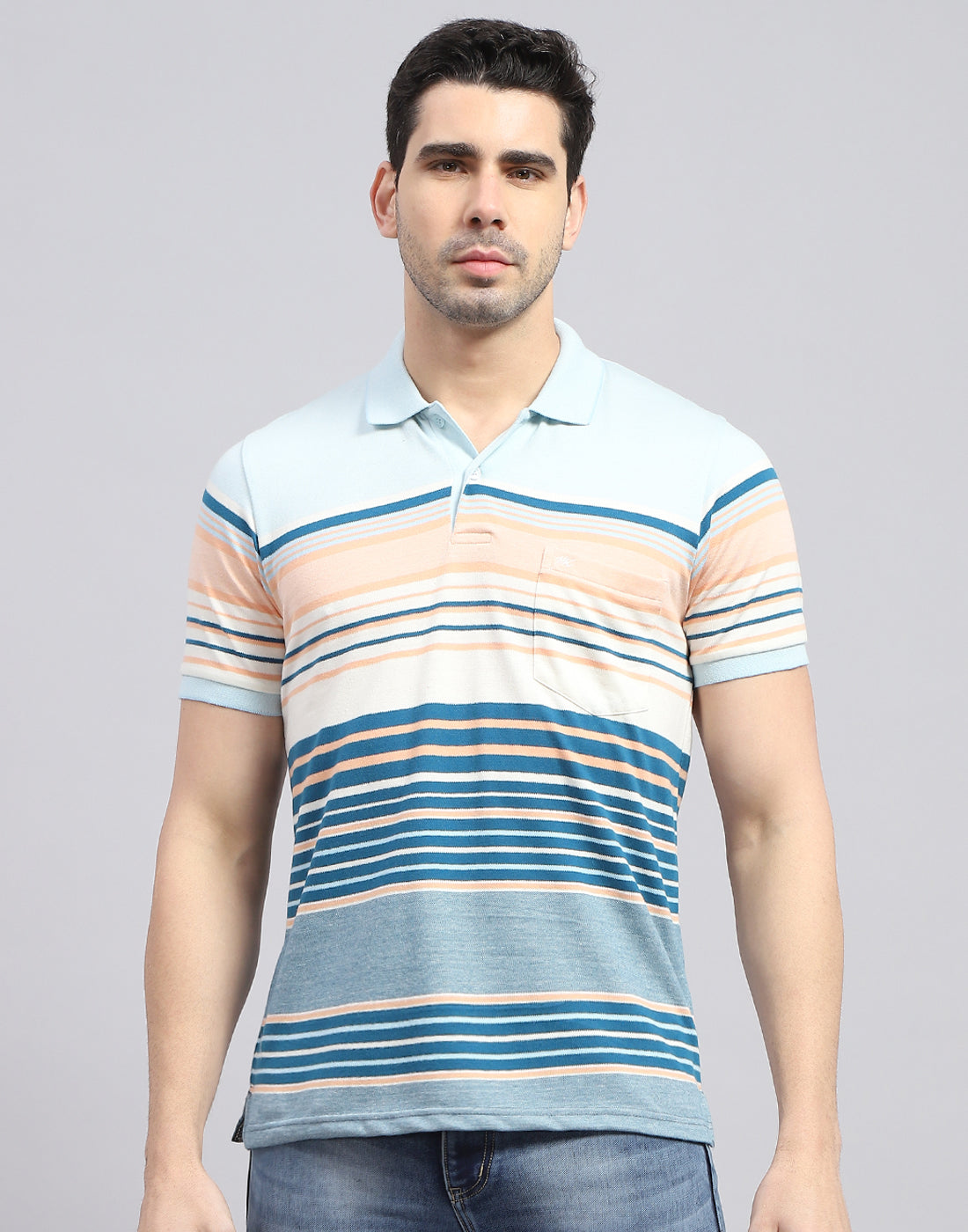 Men Blue Stripe Polo Collar Half Sleeve T-Shirt