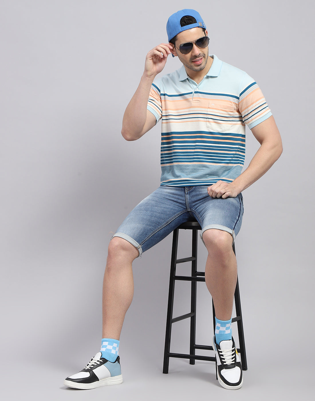 Men Blue Stripe Polo Collar Half Sleeve T-Shirt