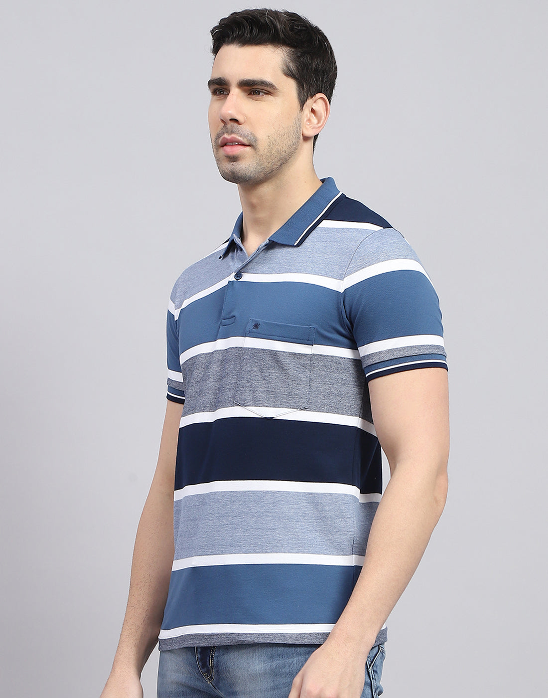 Men Blue Stripe Polo Collar Half Sleeve T-Shirt