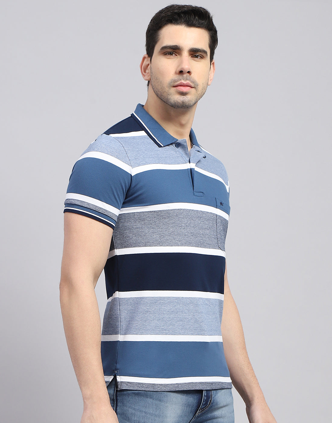 Men Blue Stripe Polo Collar Half Sleeve T-Shirt