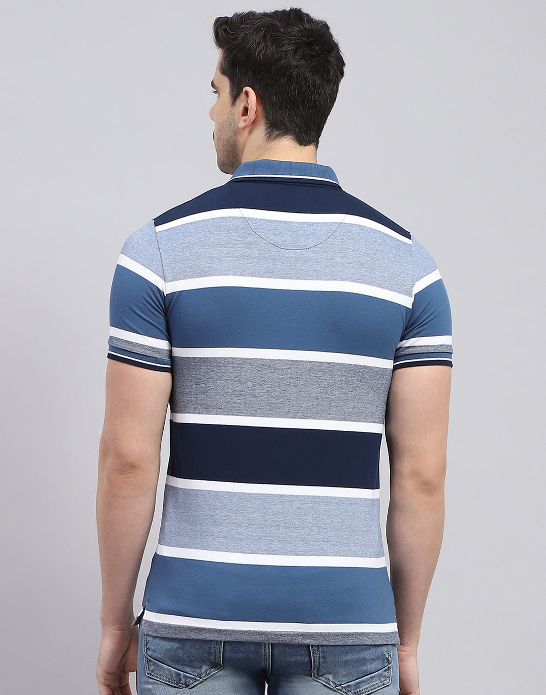 Men Blue Stripe Polo Collar Half Sleeve T-Shirt