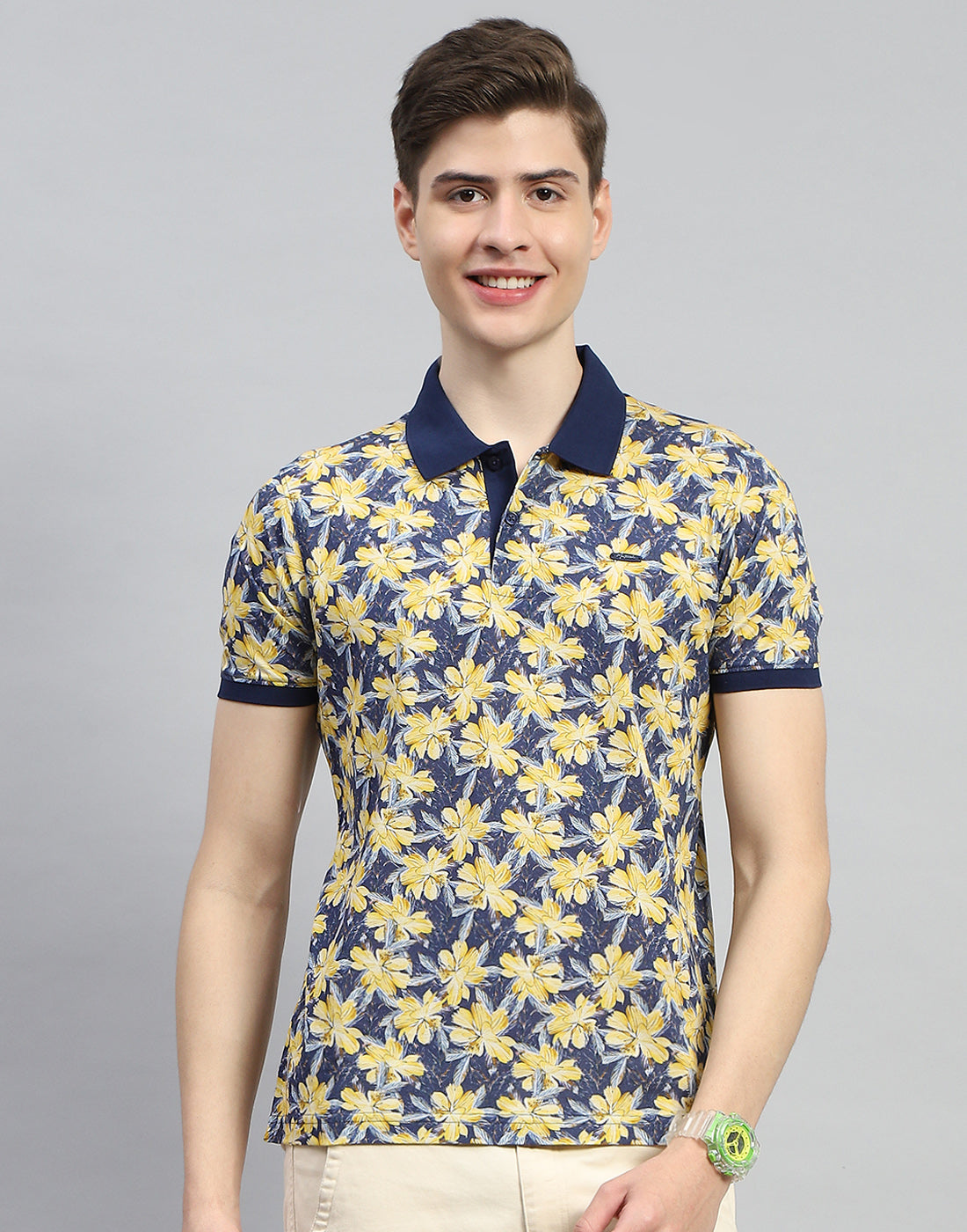Men Navy Blue Printed Polo Collar Half Sleeve T-Shirt
