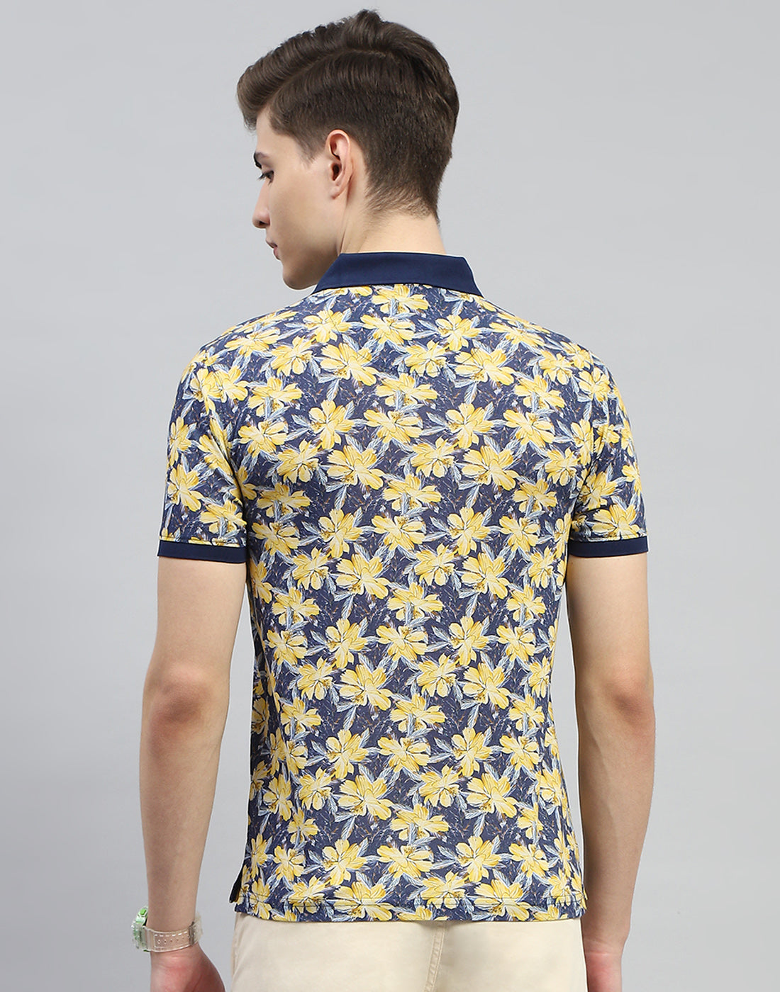 Men Navy Blue Printed Polo Collar Half Sleeve T-Shirt