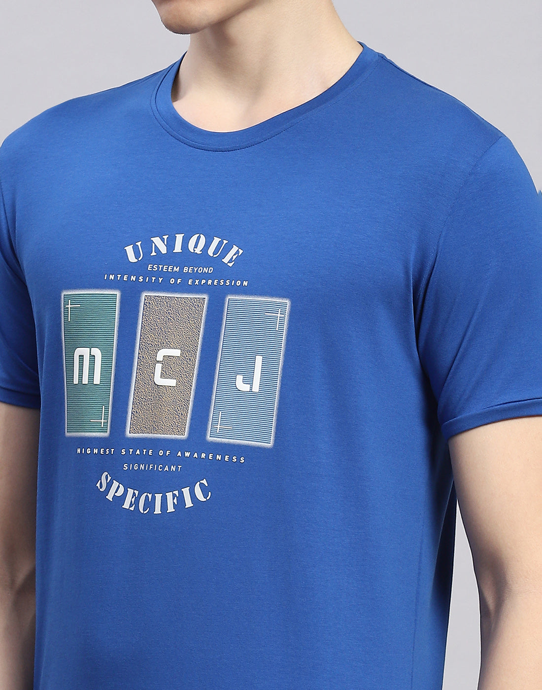 Men Blue Printed Round Neck Half Sleeve T-Shirt