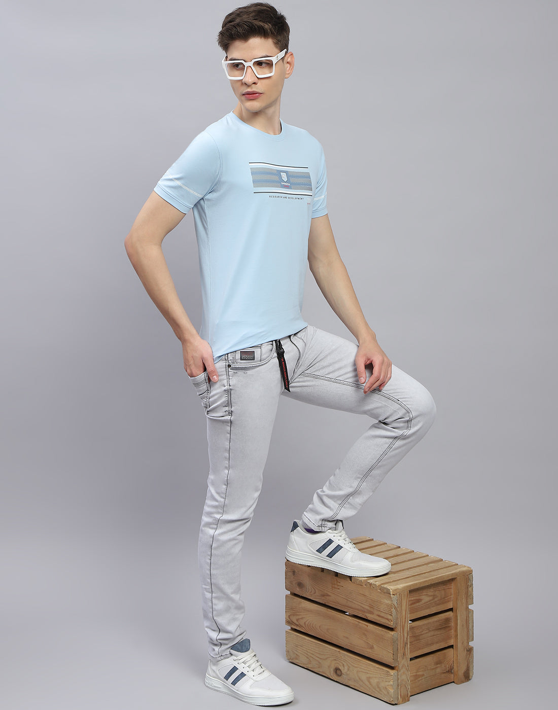 Men Blue Printed Round Neck Half Sleeve T-Shirt