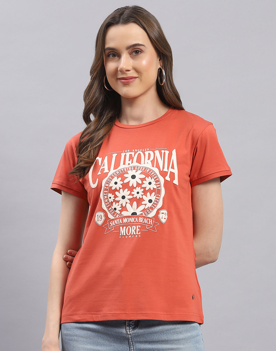 Women Rust Printed Round Neck Half Sleeve Top