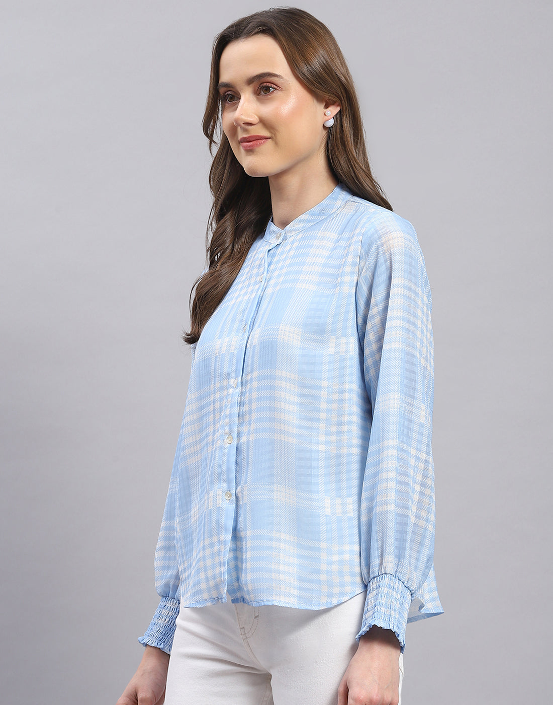 Women Blue Check Mandarin Collar Full Sleeve Top
